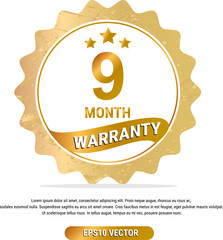 9 month warranty vector art illustration in gold color with fantastic font and white background. Eps10 Vector