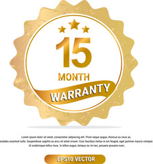 15 month warranty vector art illustration in gold color with fantastic font and white background. Eps10 Vector