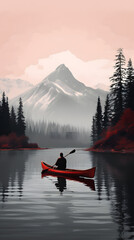 Man in a kayak on the lake in the mountains