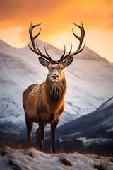 Beautiful red deer in the mountains at sunset