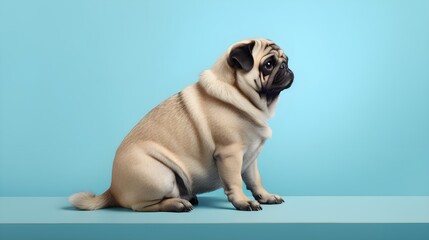 Overweight dog looking to side on light blue background, studio shot, copy space. Generative AI