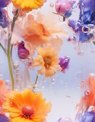 Seamless pattern with flowers in water with bubbles. Generative AI	