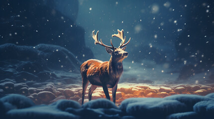 Fantasy winter landscape with deer and falling snow