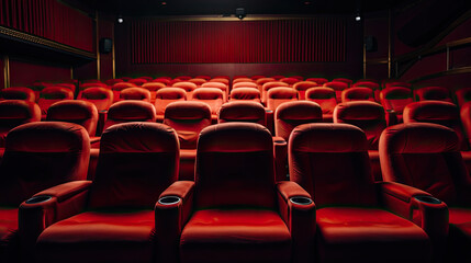  A close up of a row of red chairs in a theater features a detailed view of theater seating. Ideal for promotional materials, newsletters, or articles related to performing arts, cinema, or event ven
