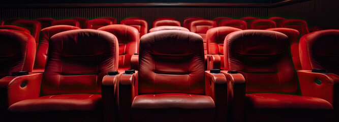  A close up of a row of red chairs in a theater features a detailed view of theater seating. Ideal for promotional materials, newsletters, or articles related to performing arts, cinema, or event ven - obrazy, fototapety, plakaty