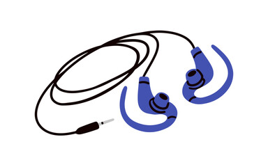 Wired earphones with ear hooks. Corded earbuds with earhook. Audio accessory, music device. Headset, mobile sound gadget with cord. Flat vector illustration isolated on white background