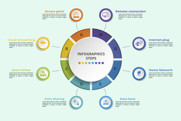 Infographics with Networking theme icons, 10 steps. Such as access point, cloud networking, data center, data sharing and more.