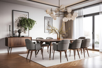 Obraz premium 3D rendering of a dining area in a modern living room.