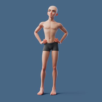 Handsome cute young bald cartoon guy with big blue eyes, freckles posing in gray underwear, naked torso and hands on hips. Concept of men's health, beauty, body and skin care, fitness sport. 3d render