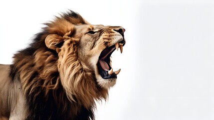 Side view portrait of a male lion roaring loudly on a white background, AI generated - obrazy, fototapety, plakaty