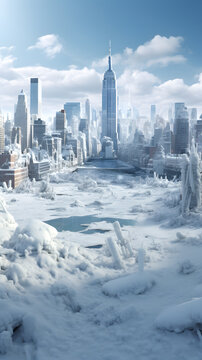 New York City panorama with skyscrapers covered with snow