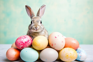 Fototapeta na wymiar Cute Easter bunny and colorful Easter eggs on a plain pastel background