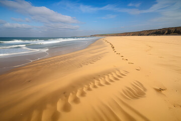 A long sandy seashore, where the wind drives the waves.