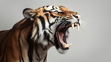 Side view portrait of a male tiger roaring loudly on a white background, AI generated - obrazy, fototapety, plakaty