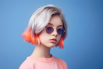 Colorful studio portrait of a cool teenager girl with age specific outfit and accessories. Bold, vibrant and minimalist. Generative AI