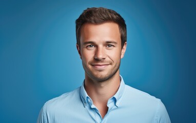 Confident Young Man with Friendly Smile on Blue Background