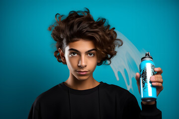 Colorful studio portrait of a cool teenager boy holding a graffitti spraycan. Bold, vibrant and...