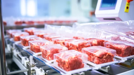 Fotobehang Production line with packaging .Conveyor Belt Food.Food products meat chicken in plastic vacuum packaging.   © BlazingDesigns