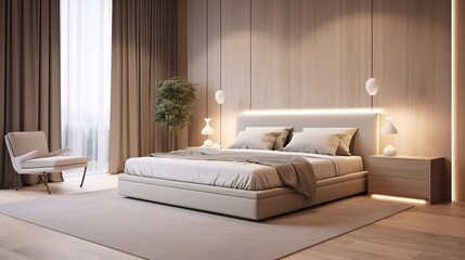 Modern interior of a bedroom with wooden walls and floor, large bed and chair. Created with Ai