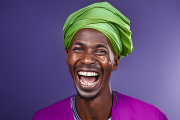 Colorful studio portrait of an ethnic man smiling happily. Purple and green. Generative AI