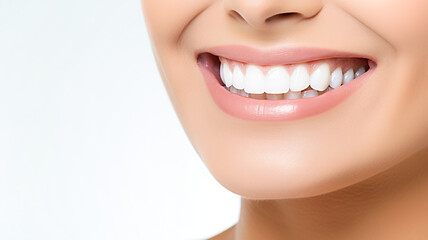 Partial portrait of a girl with white teeth smiling. Closeup of young woman at dentist's studio isolated on white background. 
