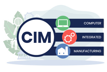 CIM, COMPUTER INTEGRATED MANUFACTURING acronym. Concept with keyword and icons. Flat vector illustration. Isolated on white.