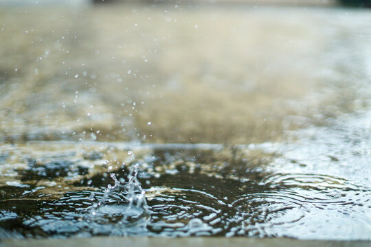 Raindrops hitting puddles on a rainy day. © Gatot