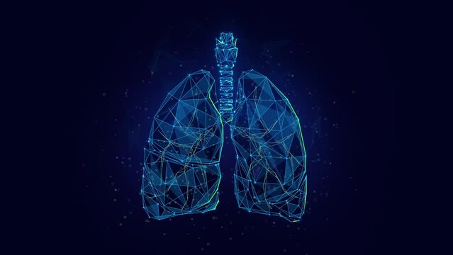 Abstract Animated Low Poly Illustration of a Breathing Human Lung made of Connected Dots and Neon Particles. 4K Looped Motion Graphic Background