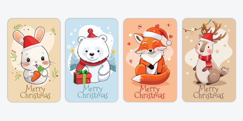 Christmas Card Set with Cute Animals Vector Illustration