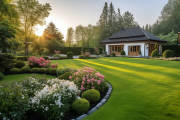 beautiful manicured lawn in the backyard of a private house - obrazy, fototapety, plakaty