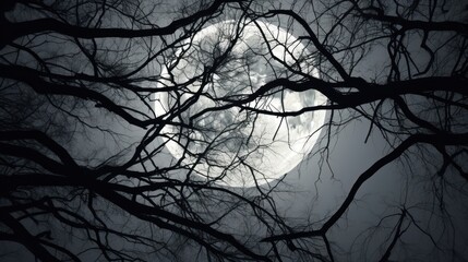 Moon through tree branches, black and white color, background