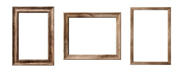 Obraz premium Set of empty natural wooden photo frames on transparent background. Realistic border wooden rectangular picture frame for design, Image display concept