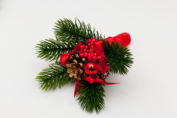 wreath garland New Year's fir branch with toys decorations, festive Christmas decoration, isolated...