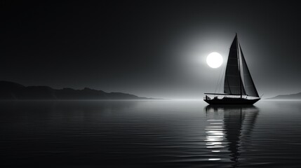 Moonlit sailboat on a calm sea, black and white color, background 