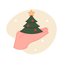 Hand holding Christmas tree. Christmas illustration of human hand and Christmas tree. Hand holds fir tree with garland, balls and star on abstract liquid background. Good for print, sticker, apps, web