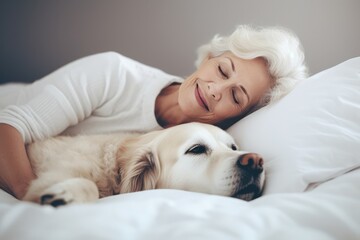 An Old Woman And Dog Sleeping Together In White Bed