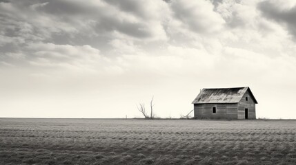 Old barn in a field, black and white color, background 