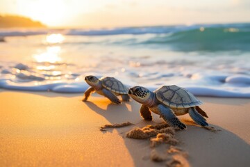 Baby Turtles Crawling To The Ocean On Sandy Beach