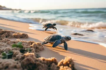 Baby Turtles Crawling To The Ocean On Sandy Beach