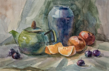 Still life with a jug. Still life with a teapot, an apple and orange slices. Watercolour....