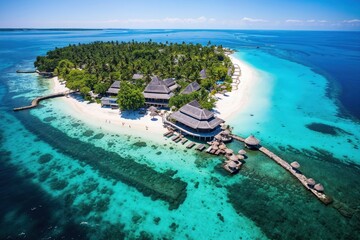 vu aérienne d'un atoll polynésien avec complexe hôtelier et plage privée - obrazy, fototapety, plakaty