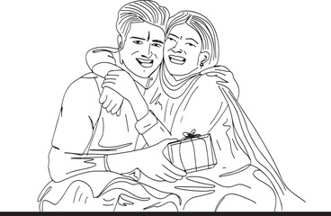 Fototapeta na wymiar Cultural Celebration: Indian Brother Giving Rakhi Gift - Cartoon Drawing, Raksha Bandhan Delight: Cartoon Illustration of Indian Brother Gifting Sister