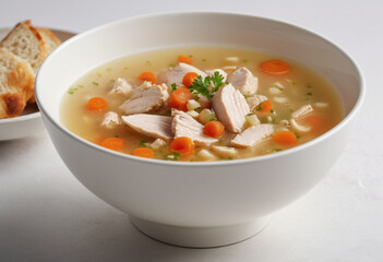 A bowl of chicken soup with sliced bread on the side, on a white background.