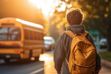 Boy Getting Off School Bus And Going Home