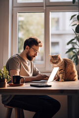 Obraz na płótnie Canvas Man working remotely at home. Cat and the laptop, home office, online education