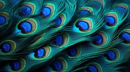 Obraz premium Macro close up Colorful peacock feathers, shallow dof texture of peacock feathers Beautiful background, rich color.Animal bird background