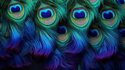Macro close up Colorful peacock feathers, shallow dof texture of peacock feathers Beautiful background, rich color.Animal bird background