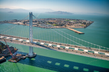 Aerial view of Bay Bridge in San Francisco on a sunny day, California