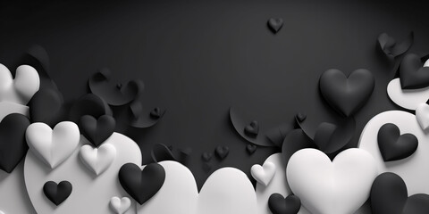 A wall decorated with black and white hearts on a black background. A wall for a Valentine's Day photo shoot. Banner with hearts. Copy space. - obrazy, fototapety, plakaty