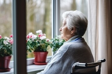 Lonely Senior Woman In Wheelchair Gazes Out Nursing Home Window Highquality Photo